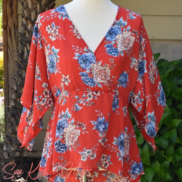 Persaya Tops - 🌿 Persaya • Red & Blue Floral Sheer Faux Wrap